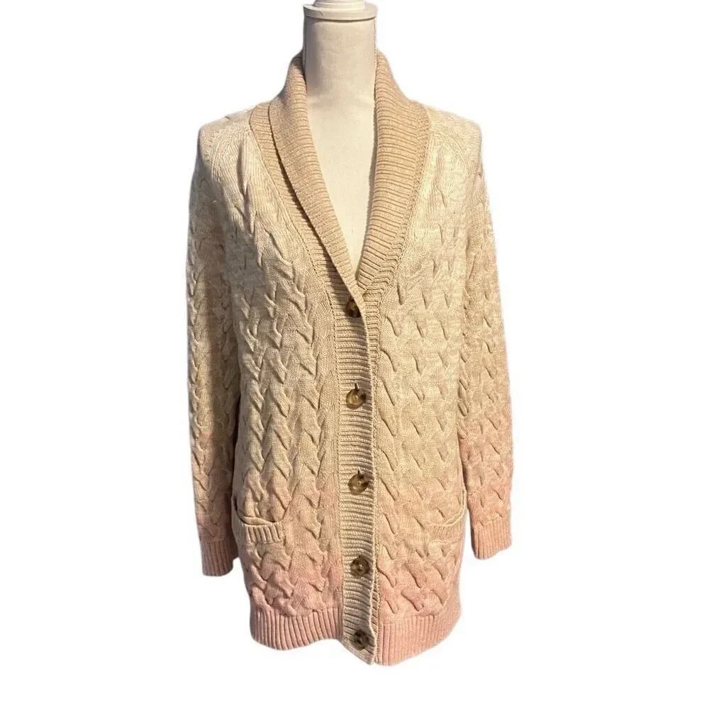 NWT Lands' End Drifter Cable-Knit Shawl Cardigan Sweater Ivory Tan Pink Medium